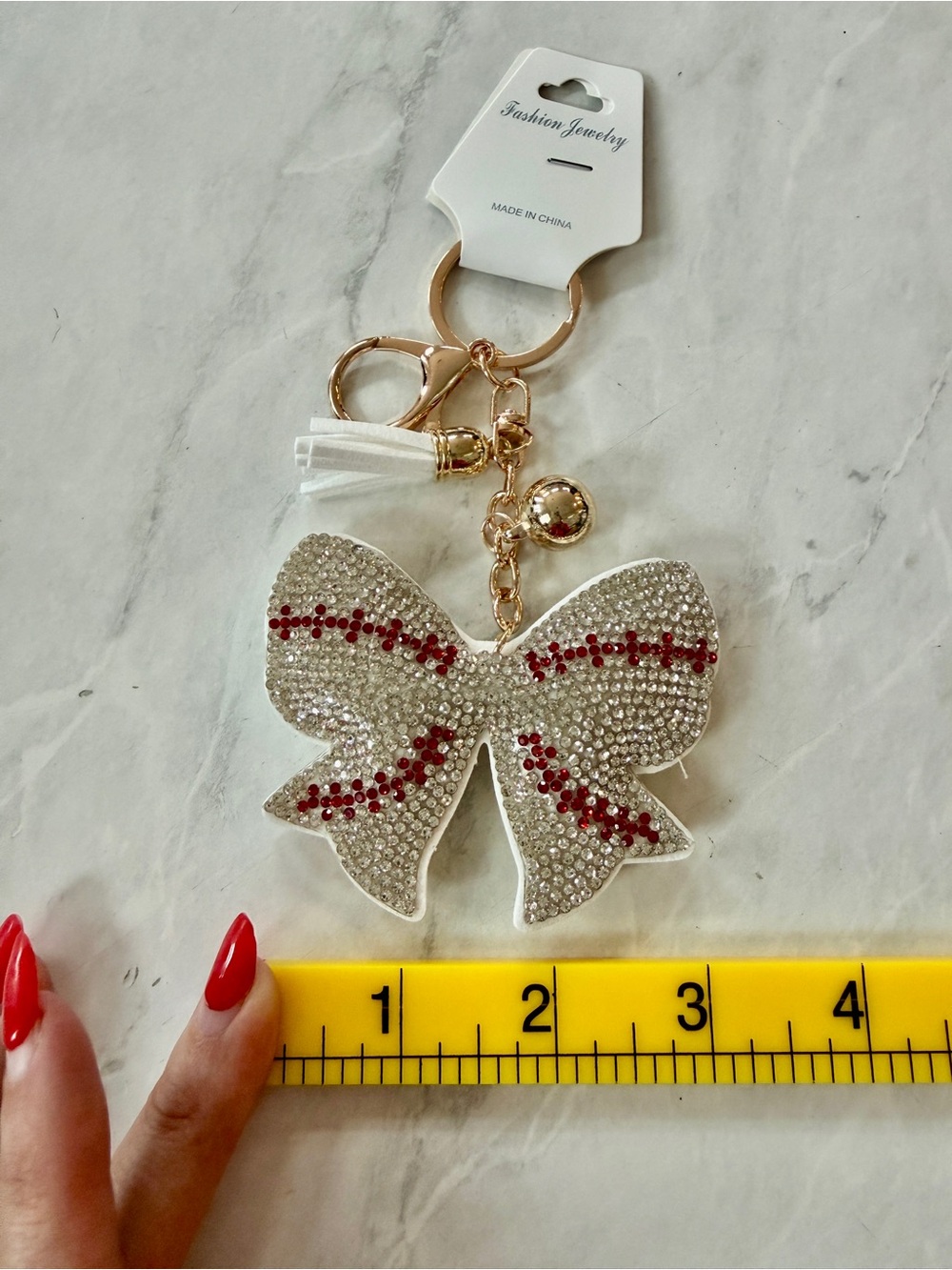 ⚾️ ✨ NWT Rhinestone Bling Baseball Bow Puffy Keychain Bag Charm Tassel ✨ ⚾️ - Picture 5 of 6